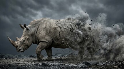 Fototapeta premium A rhinoceros walking through a storm of dust and debris.