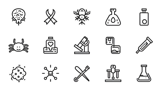 Cancer Line Editable Icons set. Vector illustration in modern thin style of health related icons: types of cancer, treatment, research, and more. Isolated on white background background. Stock Vector 