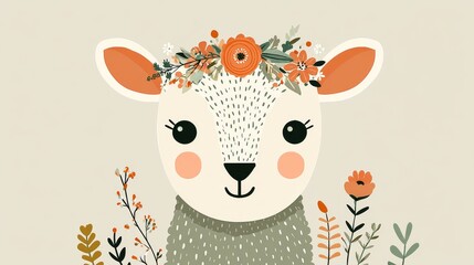 Fototapeta premium Cheerful Cartoon Llama with Flower Crown Whimsical Nature Illustration for Children’s Decor and Branding