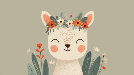 Fototapeta premium Cheerful Cartoon Llama with Flower Crown Whimsical Nature Illustration for Children’s Decor and Branding