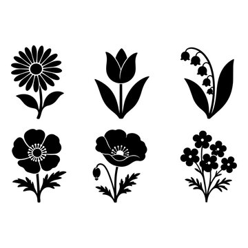 Spring flower silhouette icon set tulip anemone nemophila gerbera poppy lily of the valley