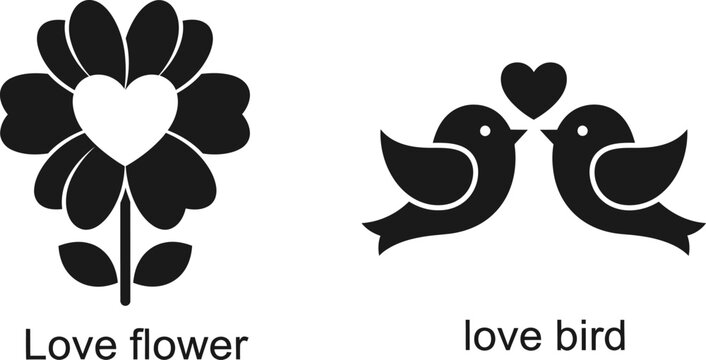 Love flower and love bird silhouettes, eps vector illustration, romantic symbols.