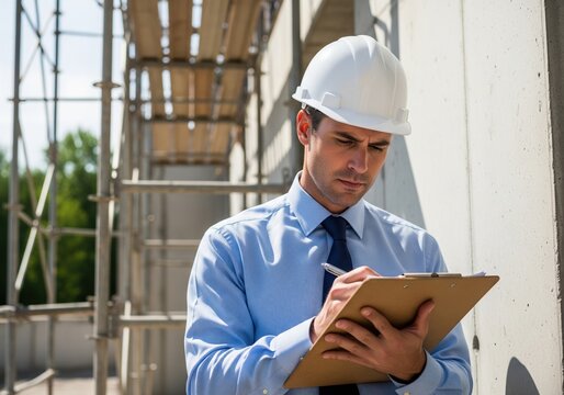 Architect In White Hard Hat Reviewing Project Plans On Clipboard Near Metal Scaffolding Outdoors