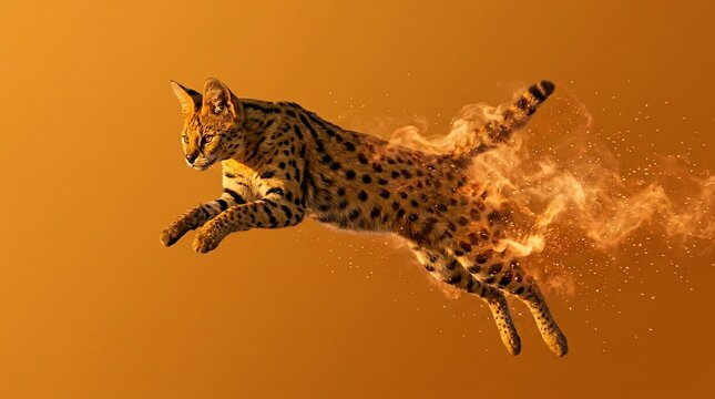 A fierce spotted cat jumping through a burst of flames.