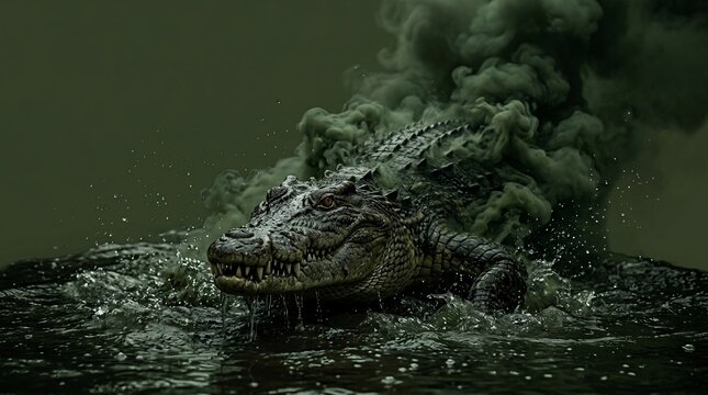 A large crocodile emerging from dark murky swamp water.
