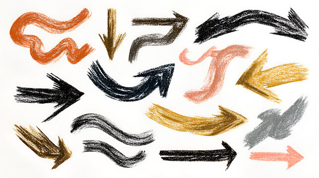 Collage scrapbook doodle arrows collection. Hand drawn curved, straight and short arrows with crayon or pencil texture. Sketch and scribble arrow set. Cut out scrapbook design elements. Stock Vector