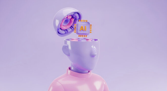 illustration of an artificial intelligence chip being inserted into a human head brain