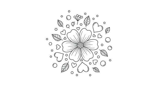 Intricate floral design with a large central flower surrounded by hearts leaves and decorative circles in black and white.