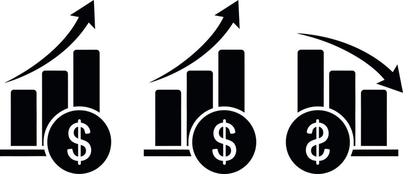 Three bar graphs showing financial growth and decline with bar graph arrow up arrow down business graph stock chart dollar sign arrow up progress