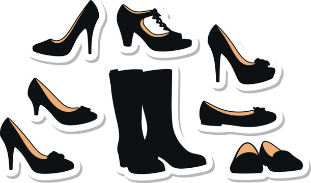 Set of black shoe illustrations eps, heels and boots, elegant footwear collection vector.