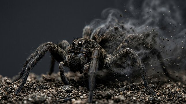 A menacing wolf spider emerging from dark swirling smoke on rocky ground.