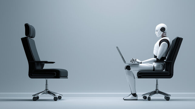 Robot sits in chair and works on laptop in modern room with empty opposite chair