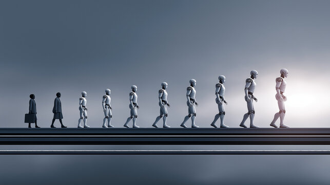 Humans and robots walk in a line, showing a change in movement and form in a futuristic setting with soft lighting