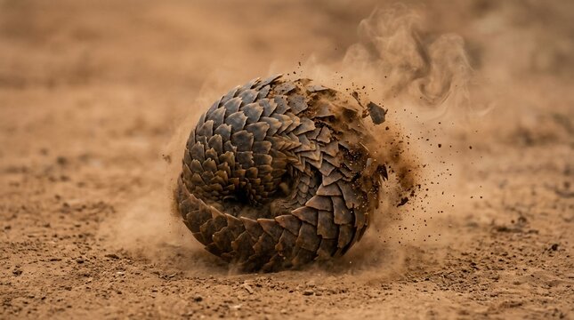 A pangolin rolled into a ball in the dusty African savanna.