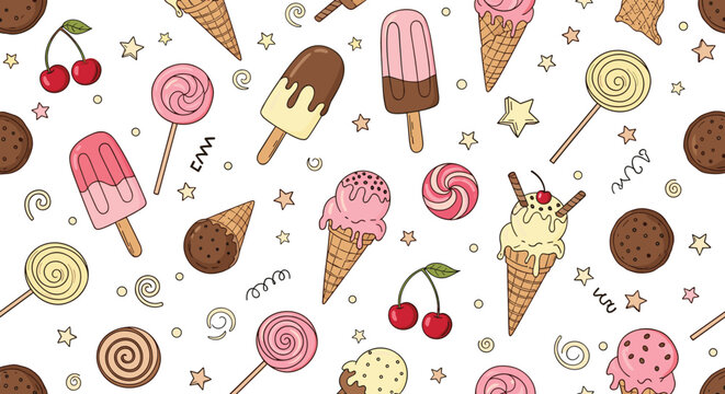 Delightful seamless pattern featuring a variety of colorful sweets like ice cream cones, popsicles, lollipops, cookies, and cherries.