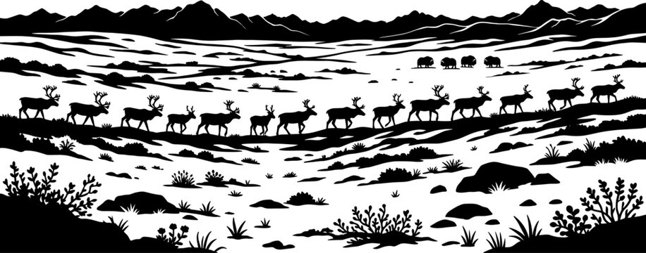 Herd of reindeer migrating across arctic tundra silhouette
