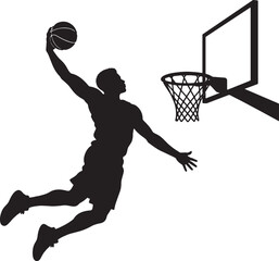 Basketball player silhouette making slam dunk into hoop with backboard isolated on transparent background design. © gradient_world