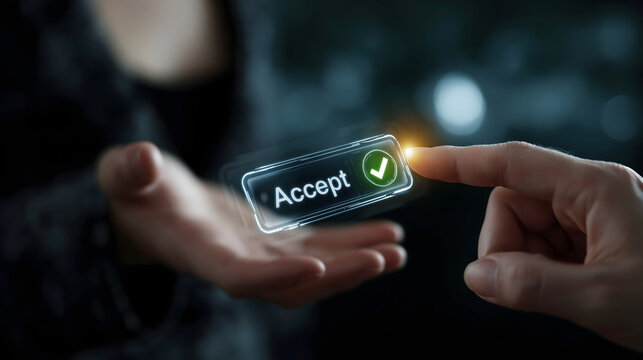 Businessman hand pressing virtual accept button with check mark on digital interface with copy space