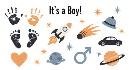 Obraz premium It is a boy announcement card featuring handprints, footprints, a rocket, planets, a car, and stars in soft blue and orange tones.