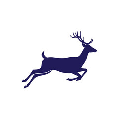 Obraz premium A dark blue silhouette of a male deer, buck, or stag with large branched antlers captured in a leaping or jumping pose, profile view, isolated on a solid white background.