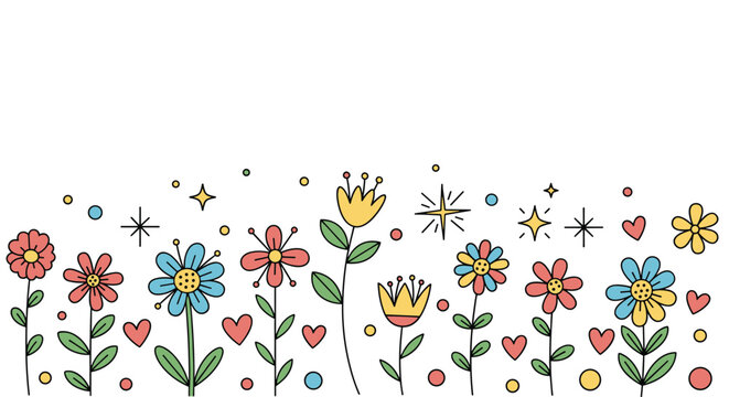 Colorful border of hand drawn stylized flowers, hearts, and stars in a playful and artistic design for cards or invitations.