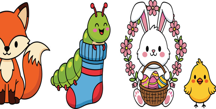 Cute kawaii cartoon fox caterpillar Easter bunny with egg basket and baby chick animal characters vector illustration set