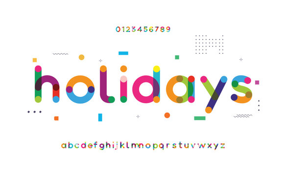 Modern colored font for Holiday. Colorful letters with dots, flat cartoon style vector lowercase alphabet for creative logo, awesome monogram and lettering