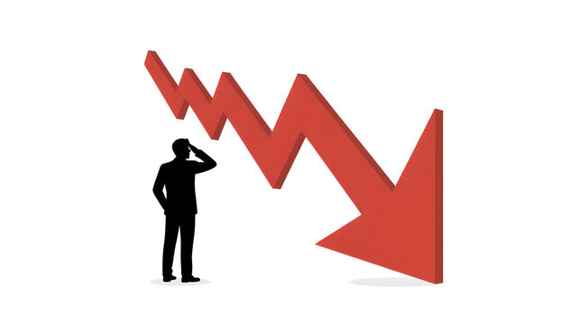 Stressed Businessman Silhouette Looking at Falling Red Arrow: Financial Crisis, Stock Market Crash, and Economic Recession Concept