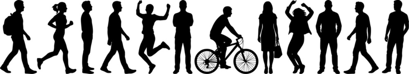 Naklejka premium Human activity row silhouettes featuring walking running and cycling