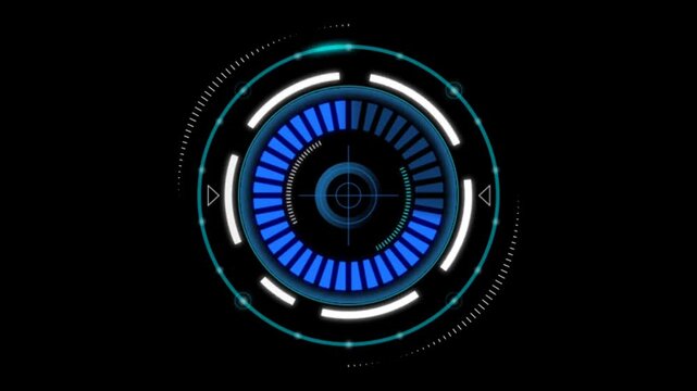 Animation blue circle frame techniology  for scans a target on black background.