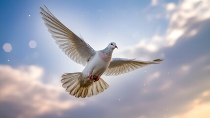Obraz premium White dove flying in cloudy blue sky