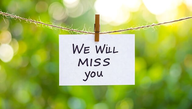 A white card with a message hangs from a clothesline