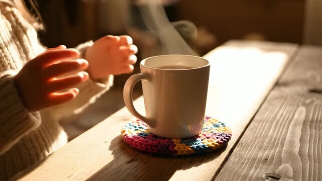 Ni&ntilde;a peque&ntilde;a con su&eacute;ter tejido sostiene taza humeante en mesa r&uacute;stica, luz natural c&aacute;lida, concepto de bienestar en casa y regalo para el D&iacute;a de la Madre, ambiente acogedor.