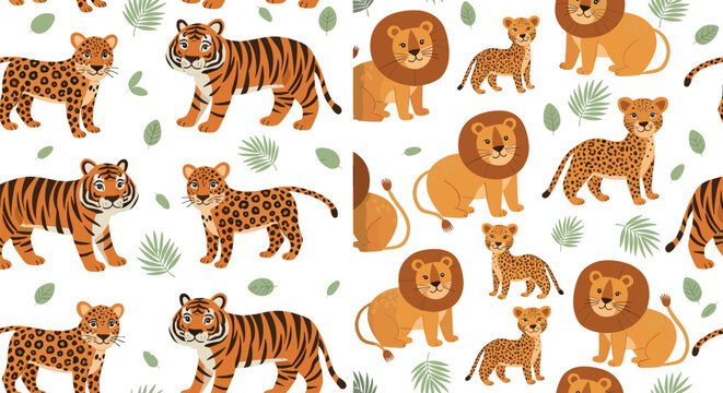 Cute flat cartoon tiger lion and leopard wild cat family with tropical leaves seamless pattern vector illustration background