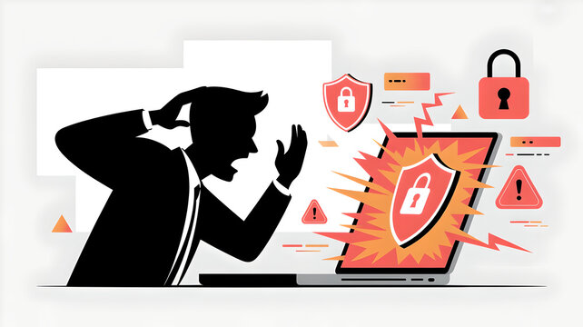 Frustrated Businessman Silhouette Facing Cyber Security Breach and Laptop System Error: Data Hacking and Online Privacy Threat Concept