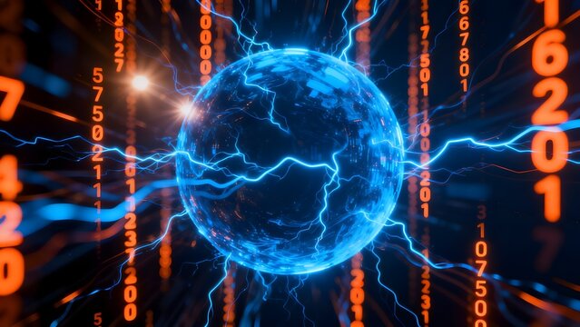 Blue glowing digital globe with lightning