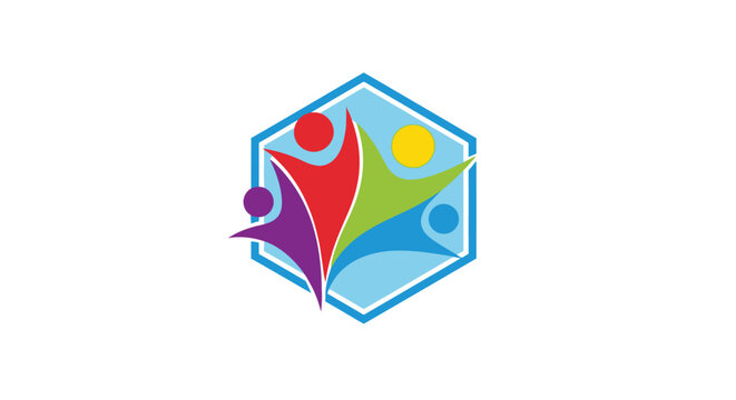 A vibrant modern logo featuring abstract human figures within a geometric blue hexagon shape