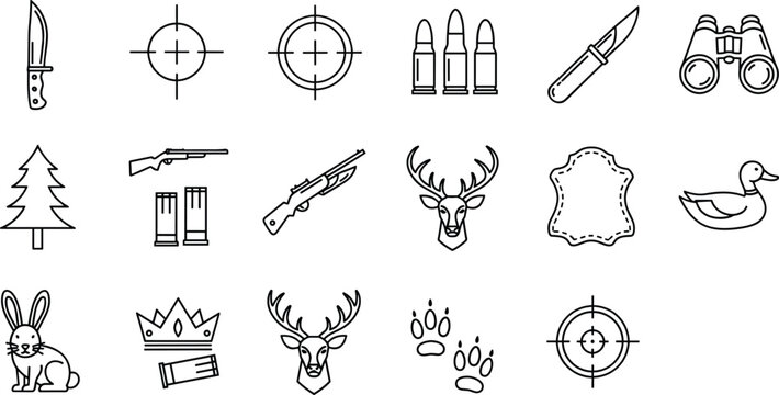 Hunting and Wildlife Icon Set with Knives, Guns, Bullets, Binoculars, Deer, Rabbit, Duck, Tree, Animal Tracks, Crown, Leather, and Crosshair Symbols for Outdoor, Adventure, and Digital Designs.