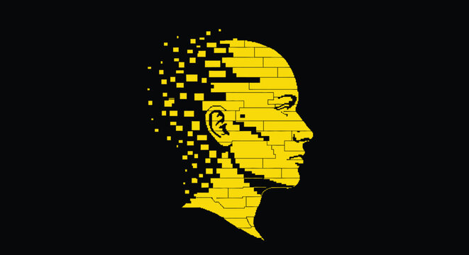 A yellow fragmented human head profile against a stark black background depicting digital disintegration