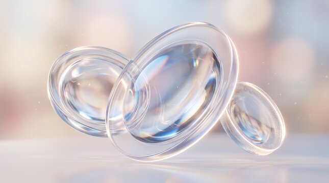 Transparent contact lenses floating in bright light, medical eye care product photography, clear optical lens for vision correction