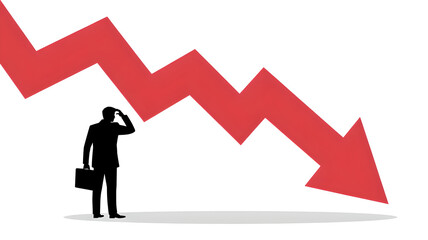 Fototapeta premium Stressed Businessman Silhouette Looking at Falling Red Arrow: Financial Crisis, Stock Market Crash, and Economic Recession Concept