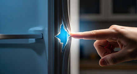 Obraz premium Person pulling open a stainless steel refrigerator door in a bright, contemporary kitchen setting. Shelves visible inside.