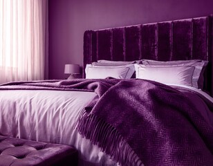 Fototapeta premium A luxurious bedroom interior swathed in a deep plum monochromatic palette featuring plush velvet textures and elegant soft lighting for a sophisticated and serene residential retreat design.