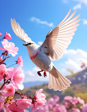 A white bird in flight near pink flowers