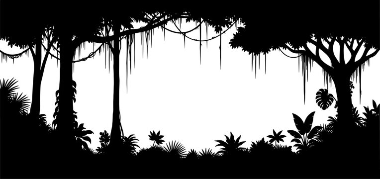 Jungle interior silhouette with hanging lianas and tropical leaves