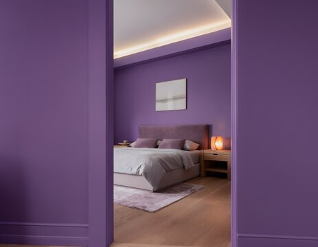 A serene low slung bed sits within a deep lavender walled bedroom, creating a tranquil ambiance that highlights the modern aesthetic and calming interior design of this elegant master suite space.