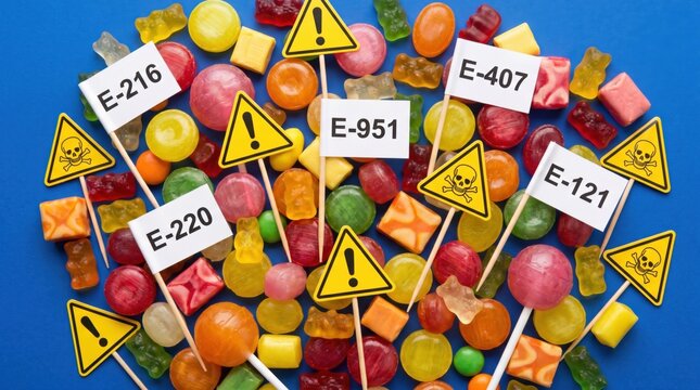 Colorful candies with E numbers and warning signs, highlighting artificial additives and health risks. Concept of food safety, harmful ingredients, sugar consumption and unhealthy diet