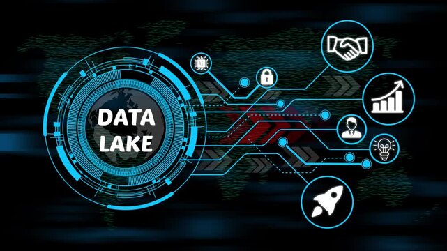 data lake digital ecosystem concept with smart technology, business icons and high-speed data network. 4k video animation on world map background. 