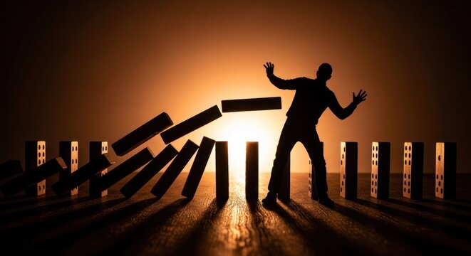Falling dominoes trap silhouetted figure