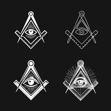 Collection of Masonic Square and Compasses with All-Seeing Eye symbols in various artistic styles, featuring geometry and spiritual themes.